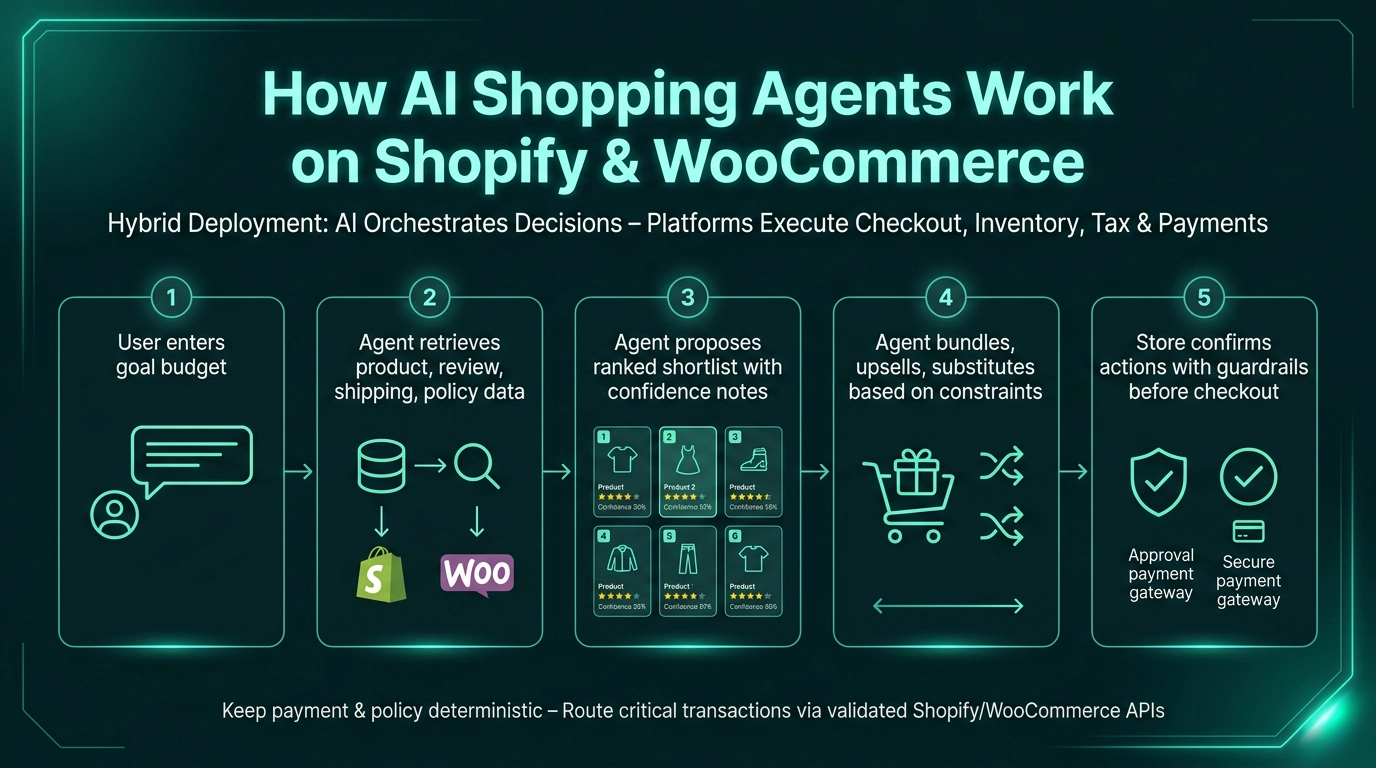 AI shopping agents Shopify WooCommerce architecture and workflow